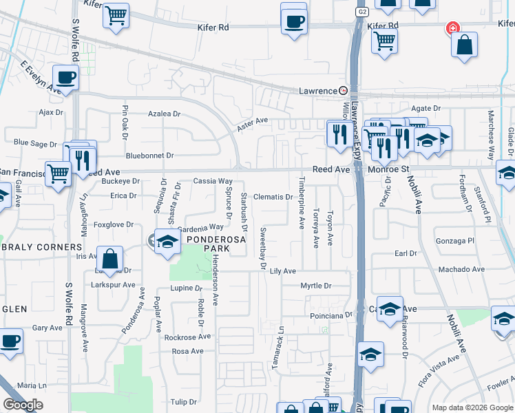 map of restaurants, bars, coffee shops, grocery stores, and more near 1075 Cornflower Court in Sunnyvale