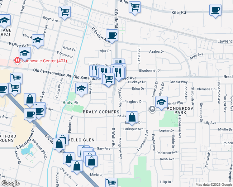 map of restaurants, bars, coffee shops, grocery stores, and more near 767 South Wolfe Road in Sunnyvale