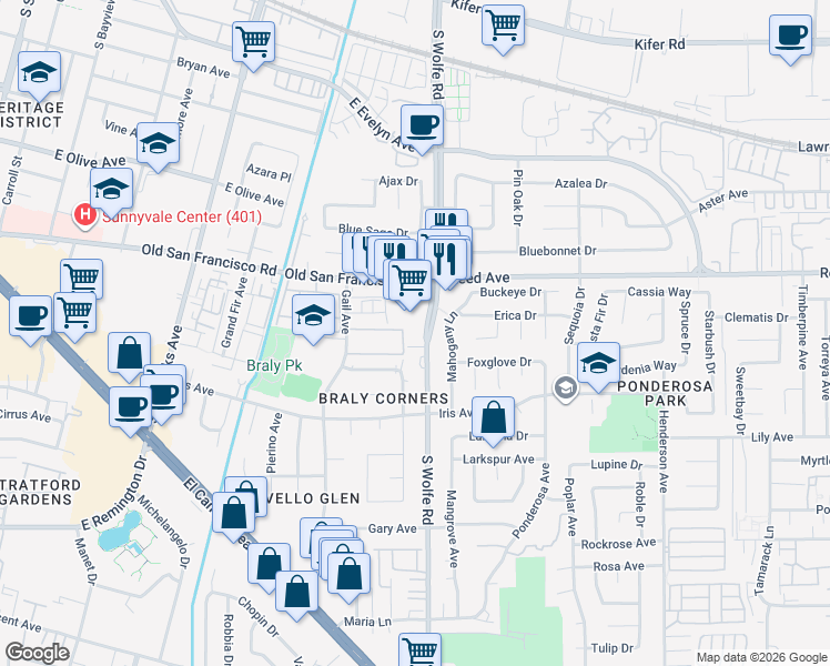map of restaurants, bars, coffee shops, grocery stores, and more near 767 South Wolfe Road in Sunnyvale