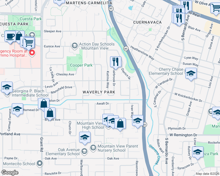 map of restaurants, bars, coffee shops, grocery stores, and more near 2712 Katrina Way in Mountain View