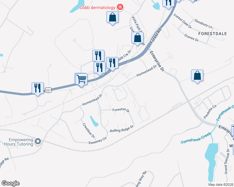 map of restaurants, bars, coffee shops, grocery stores, and more near 1020 Jefferson Oaks Court in Forest