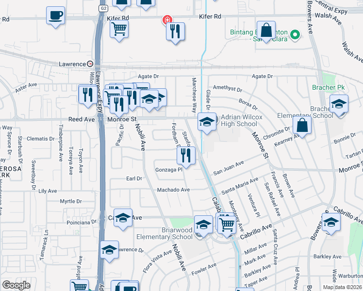 map of restaurants, bars, coffee shops, grocery stores, and more near 2359 Fordham Drive in Santa Clara