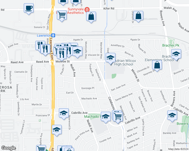 map of restaurants, bars, coffee shops, grocery stores, and more near 2359 Fordham Drive in Santa Clara