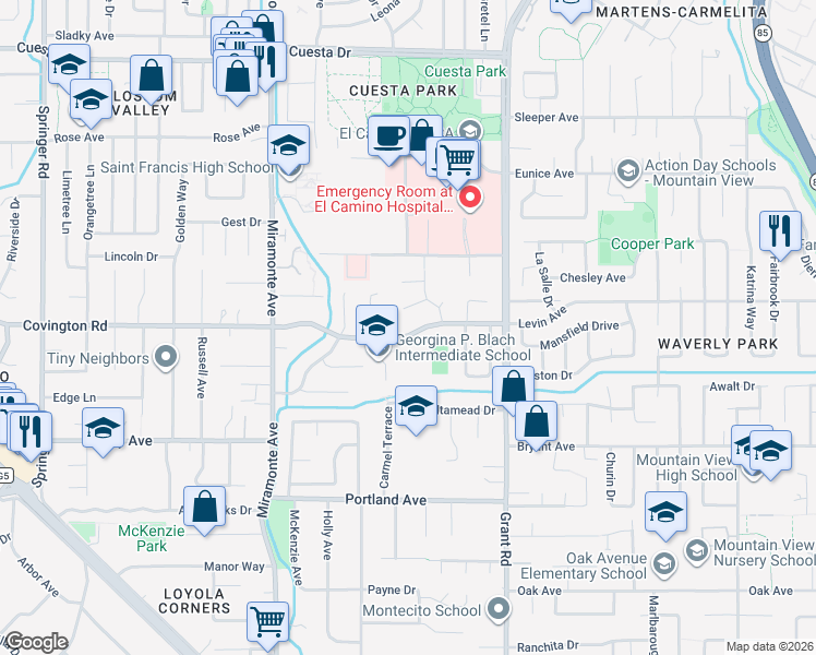 map of restaurants, bars, coffee shops, grocery stores, and more near 1131 Covington Road in Los Altos
