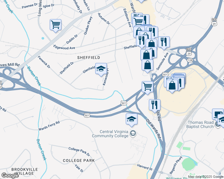 map of restaurants, bars, coffee shops, grocery stores, and more near 1403 Fenwick Drive in Lynchburg