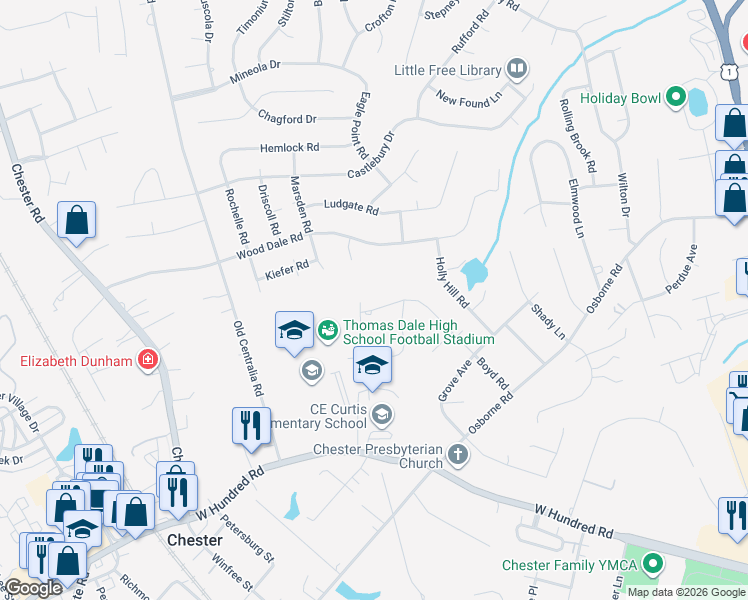 map of restaurants, bars, coffee shops, grocery stores, and more near 11601 Boyd Road in Chester