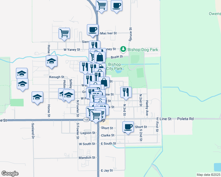 map of restaurants, bars, coffee shops, grocery stores, and more near 550 Central Street in Bishop