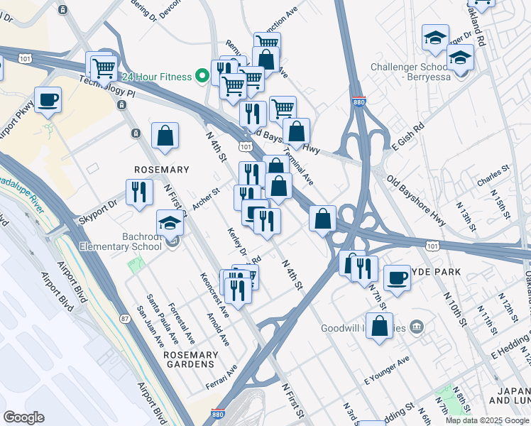 map of restaurants, bars, coffee shops, grocery stores, and more near 1450 North 4th Street in San Jose