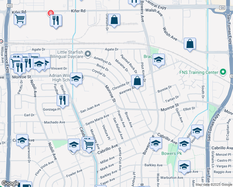 map of restaurants, bars, coffee shops, grocery stores, and more near 3053 Monroe Street in Santa Clara