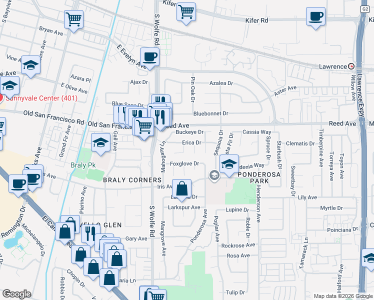 map of restaurants, bars, coffee shops, grocery stores, and more near 949 Mesa Oak Court in Sunnyvale