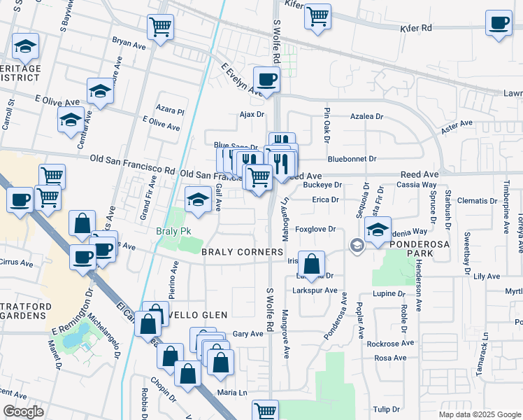 map of restaurants, bars, coffee shops, grocery stores, and more near 767 South Wolfe Road in Sunnyvale