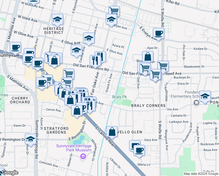 map of restaurants, bars, coffee shops, grocery stores, and more near 669 Grand Fir Avenue in Sunnyvale