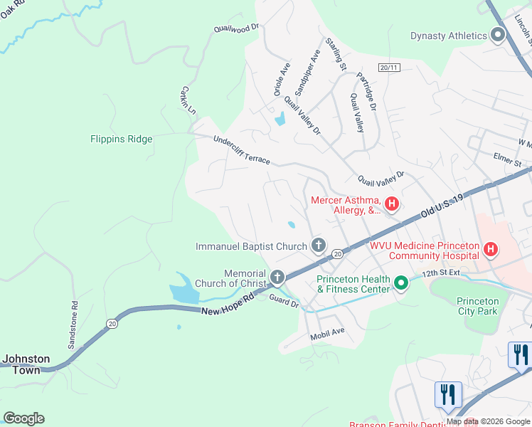 map of restaurants, bars, coffee shops, grocery stores, and more near 19 Rolling Hills Drive in Princeton