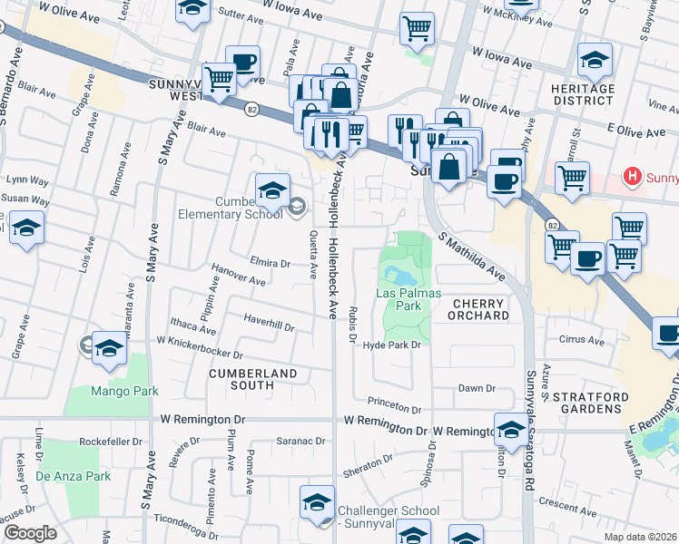 map of restaurants, bars, coffee shops, grocery stores, and more near 842 Hollenbeck Avenue in Sunnyvale