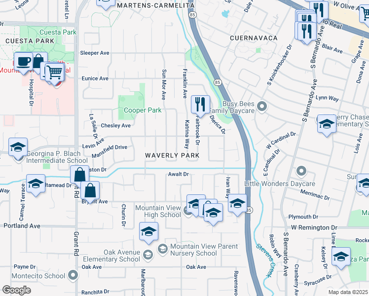 map of restaurants, bars, coffee shops, grocery stores, and more near 2712 Katrina Way in Mountain View