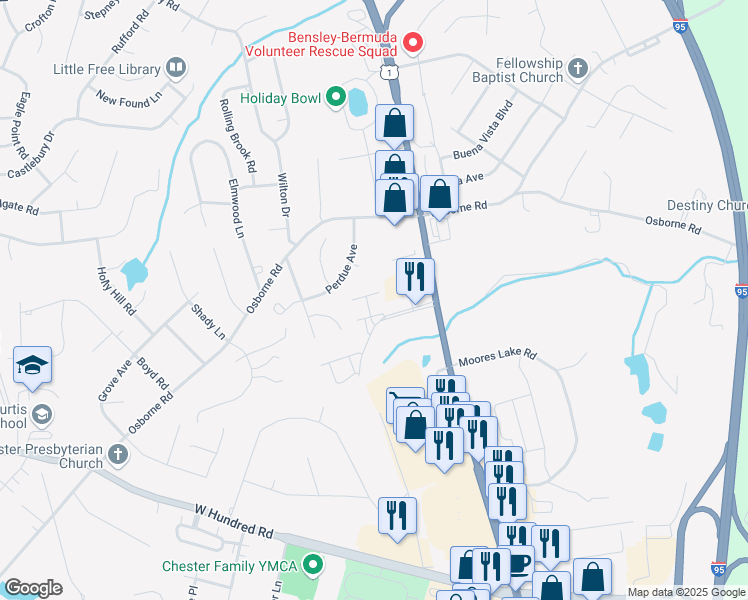 map of restaurants, bars, coffee shops, grocery stores, and more near 2719 Goyne Terrace in Chester