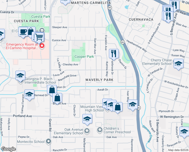 map of restaurants, bars, coffee shops, grocery stores, and more near 2734 Doverton Square in Mountain View