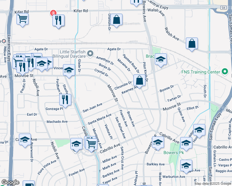map of restaurants, bars, coffee shops, grocery stores, and more near 3053 Monroe St in Santa Clara