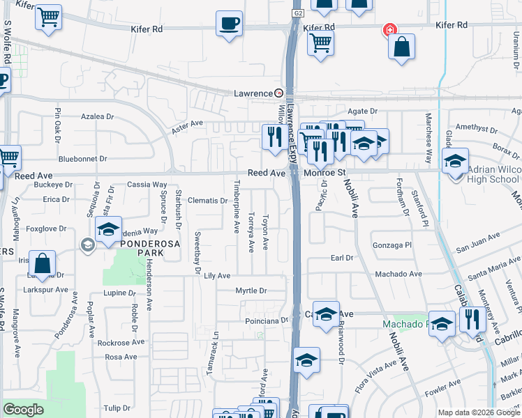 map of restaurants, bars, coffee shops, grocery stores, and more near 671 Toyon Avenue in Sunnyvale