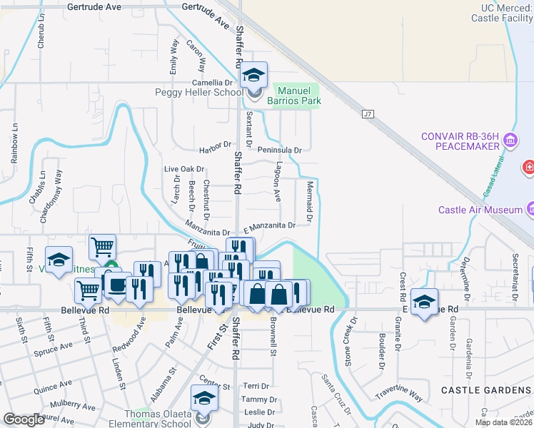 map of restaurants, bars, coffee shops, grocery stores, and more near 220 Ocean Court in Atwater