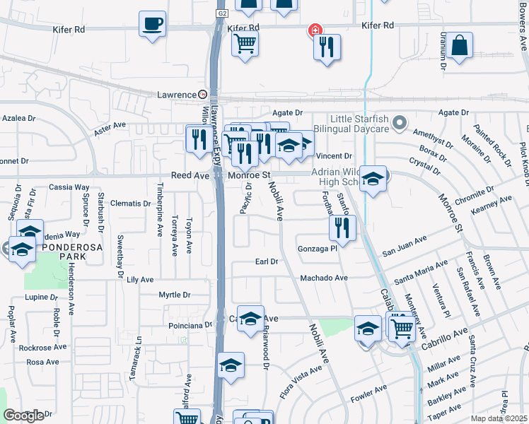 map of restaurants, bars, coffee shops, grocery stores, and more near 3505 Notre Dame Drive in Santa Clara