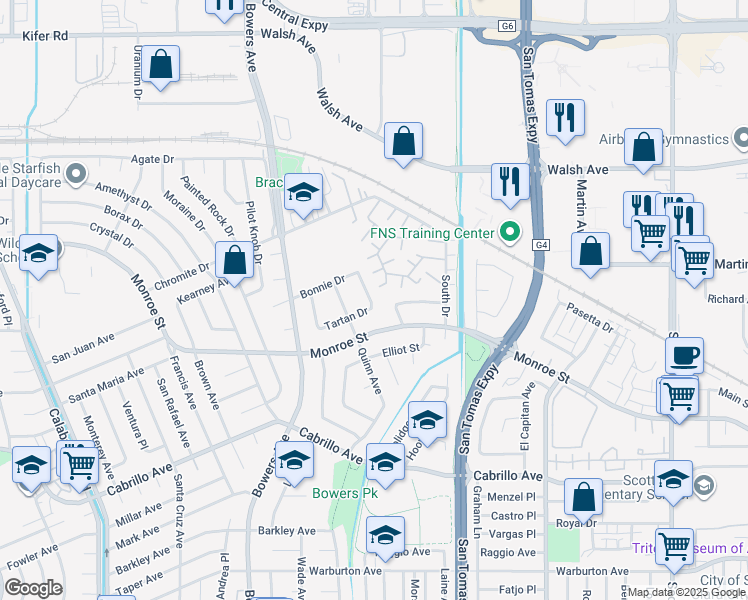 map of restaurants, bars, coffee shops, grocery stores, and more near 2325 Mission Glen Drive in Santa Clara