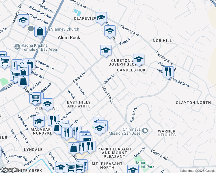 map of restaurants, bars, coffee shops, grocery stores, and more near 10311 Ashdale Drive in San Jose