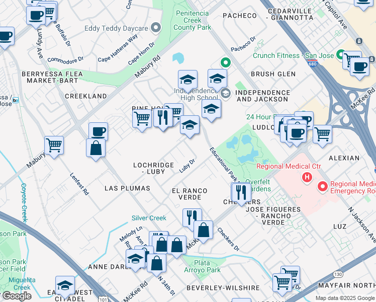 map of restaurants, bars, coffee shops, grocery stores, and more near 1977 Luby Drive in San Jose