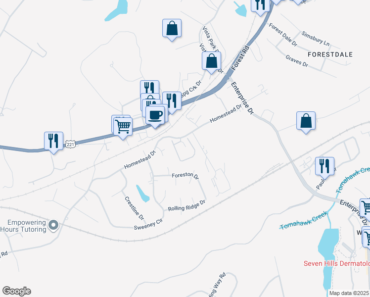 map of restaurants, bars, coffee shops, grocery stores, and more near 1020 Jefferson Oaks Court in Forest