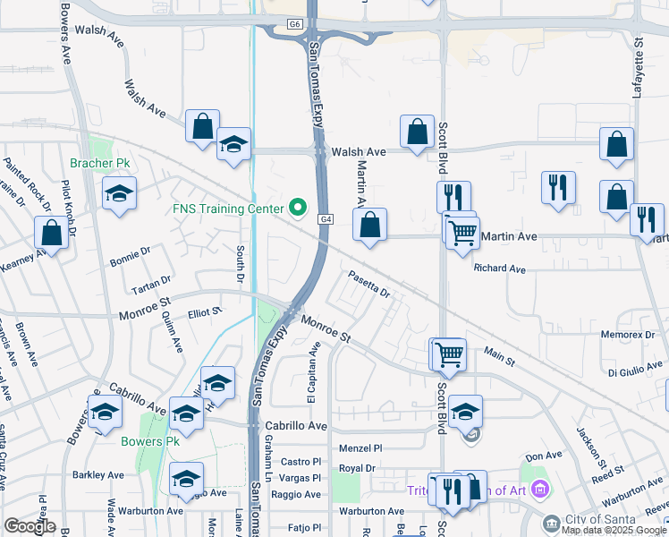 map of restaurants, bars, coffee shops, grocery stores, and more near 2382 William Drive in Santa Clara
