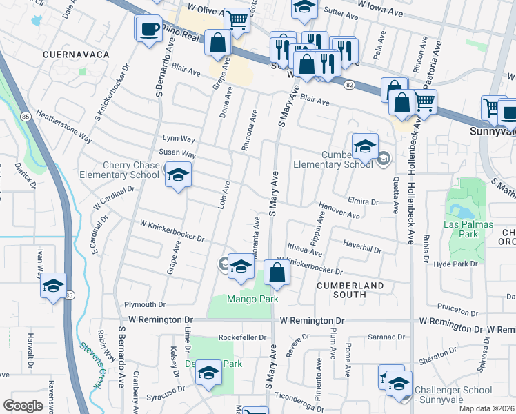 map of restaurants, bars, coffee shops, grocery stores, and more near 837 Maranta Avenue in Sunnyvale