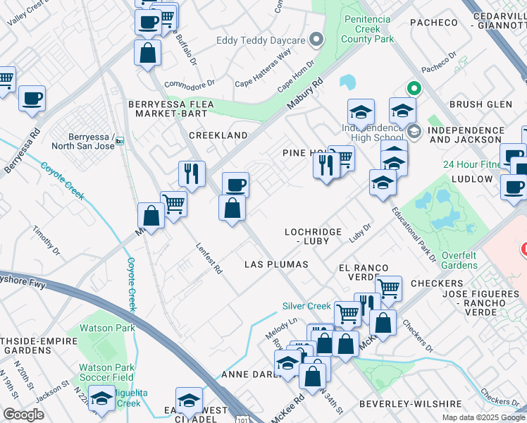 map of restaurants, bars, coffee shops, grocery stores, and more near 1800 Dobbin Drive in San Jose
