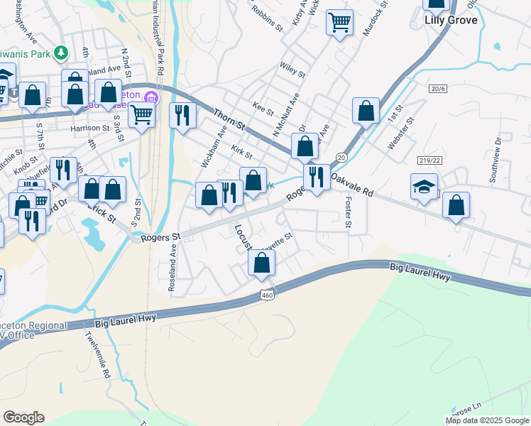 map of restaurants, bars, coffee shops, grocery stores, and more near 614 Rogers St in Princeton