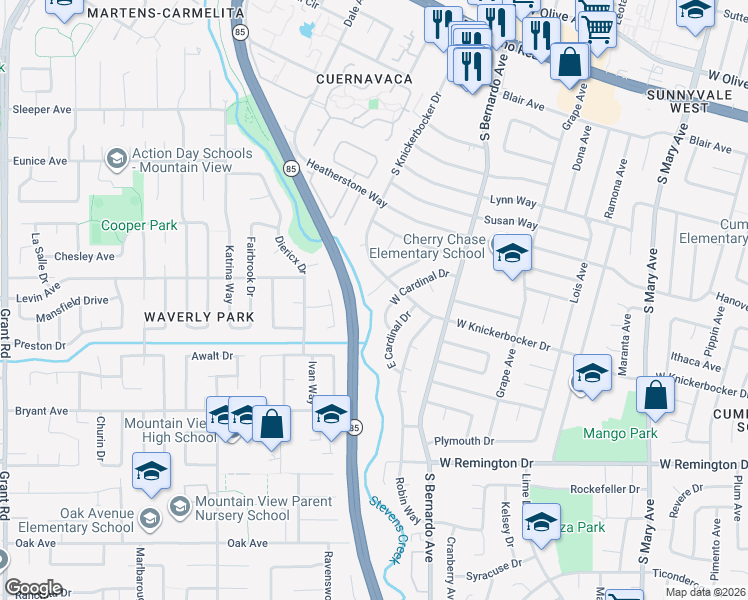 map of restaurants, bars, coffee shops, grocery stores, and more near 936 Mockingbird Lane in Sunnyvale