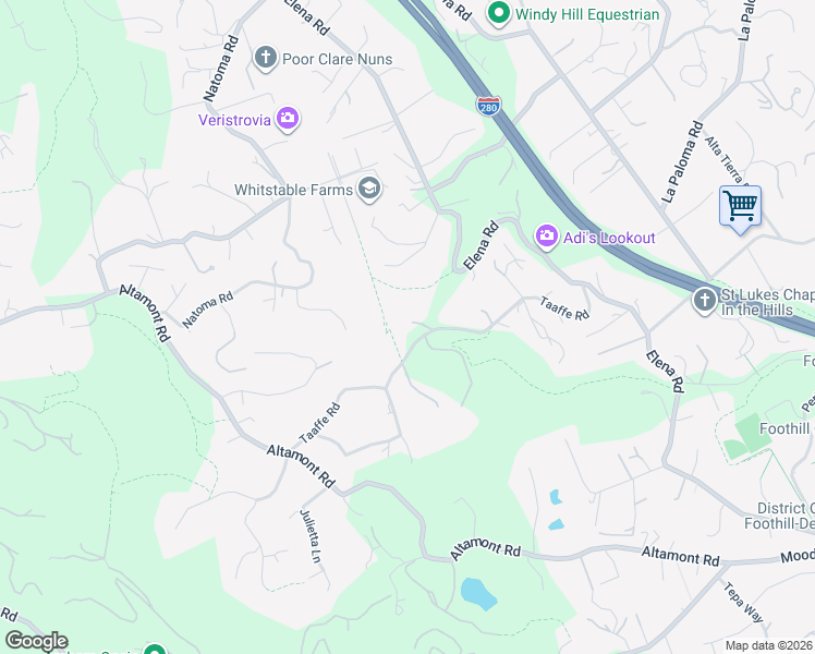 map of restaurants, bars, coffee shops, grocery stores, and more near 26727 Taaffe Road in Los Altos Hills