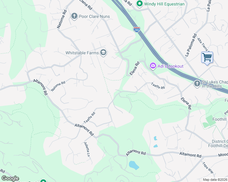 map of restaurants, bars, coffee shops, grocery stores, and more near 26731 Taaffe Road in Los Altos Hills