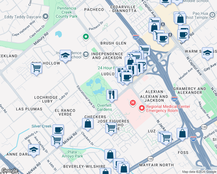 map of restaurants, bars, coffee shops, grocery stores, and more near 368 Educational Park Drive in San Jose