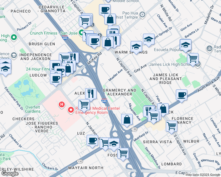 map of restaurants, bars, coffee shops, grocery stores, and more near 175 Alexander Avenue in San Jose