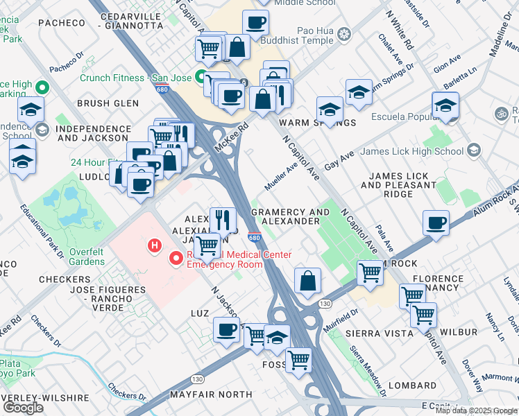 map of restaurants, bars, coffee shops, grocery stores, and more near 207 Gramercy Place in San Jose