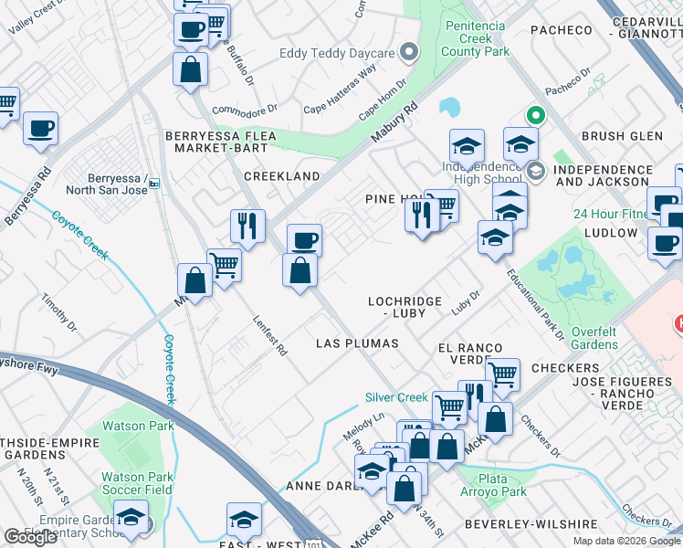 map of restaurants, bars, coffee shops, grocery stores, and more near 2 Dobbin Drive in San Jose