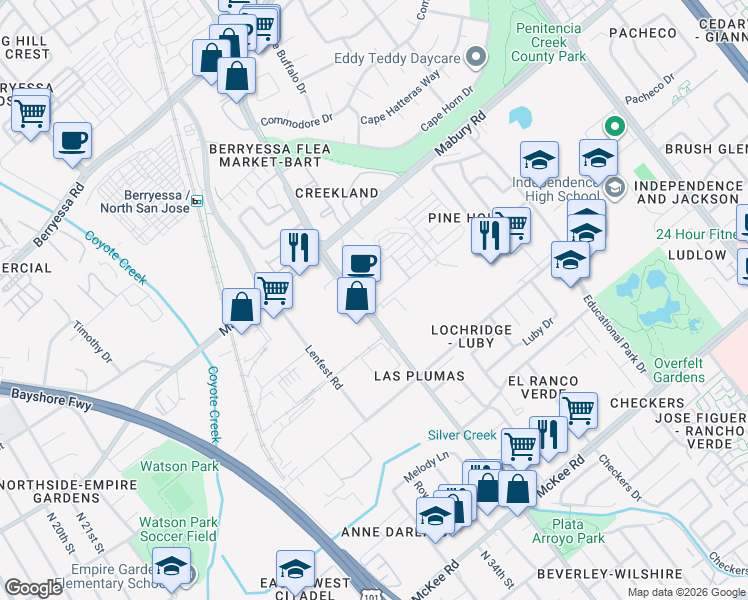 map of restaurants, bars, coffee shops, grocery stores, and more near 1700 Newbury Park Drive in San Jose