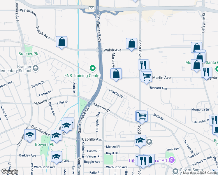 map of restaurants, bars, coffee shops, grocery stores, and more near 2257 Pasetta Drive in Santa Clara