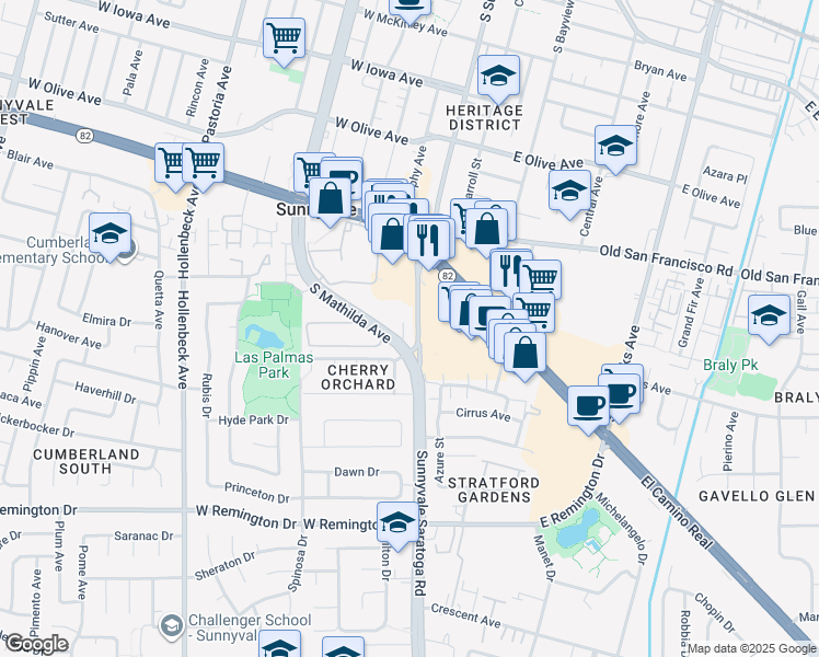 map of restaurants, bars, coffee shops, grocery stores, and more near 12175 Sunnyvale Saratoga Road in Sunnyvale