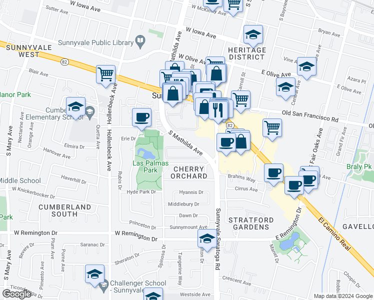 map of restaurants, bars, coffee shops, grocery stores, and more near 777 South Mathilda Avenue in Sunnyvale