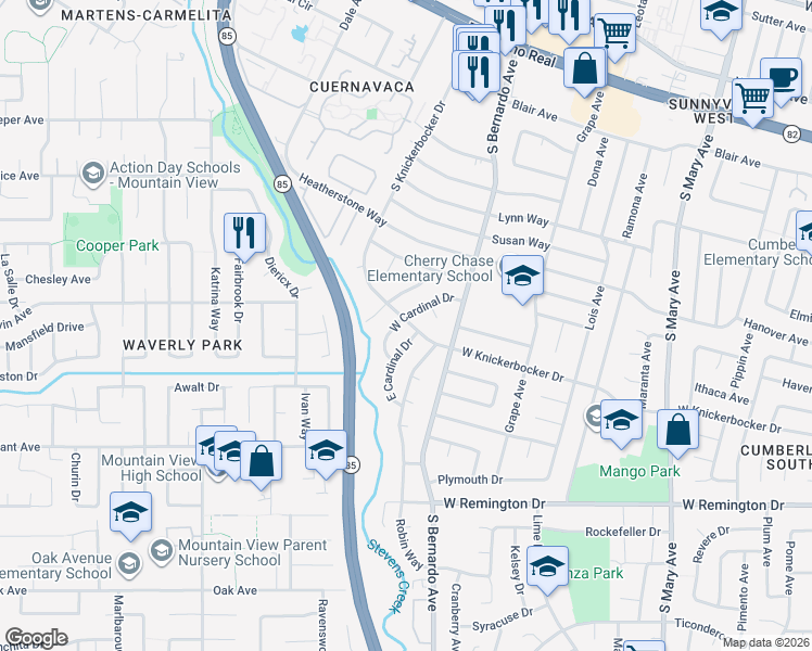 map of restaurants, bars, coffee shops, grocery stores, and more near 924 West Cardinal Drive in Sunnyvale