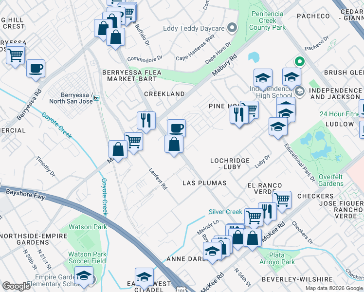 map of restaurants, bars, coffee shops, grocery stores, and more near 1700 Newbury Park Drive in San Jose