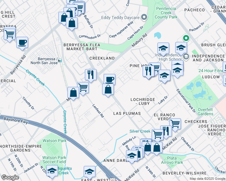map of restaurants, bars, coffee shops, grocery stores, and more near 1700 Newbury Park Drive in San Jose