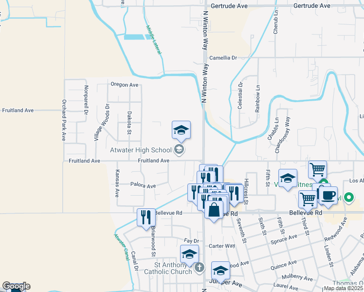 map of restaurants, bars, coffee shops, grocery stores, and more near 2201 Fruitland Avenue in Atwater