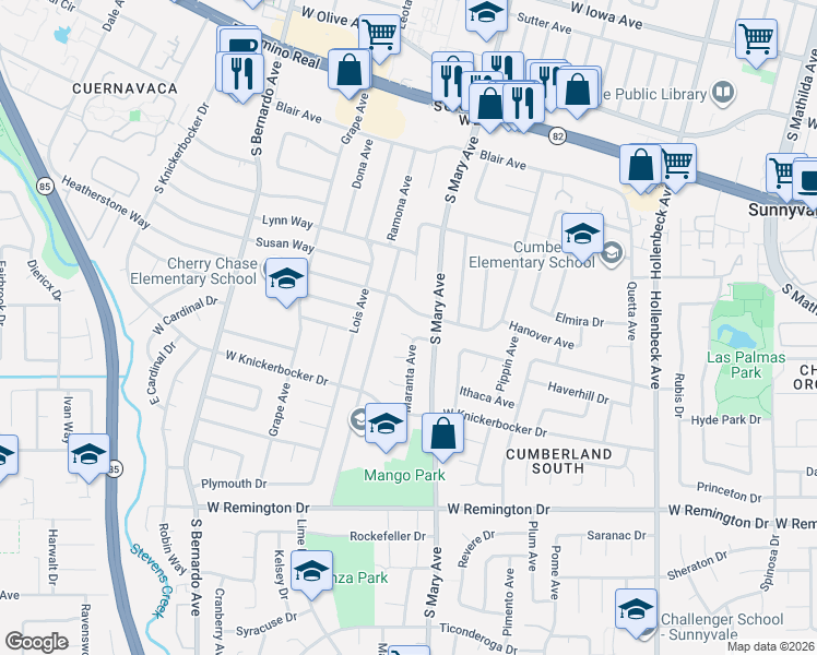 map of restaurants, bars, coffee shops, grocery stores, and more near 1030 Hiawatha Court in Sunnyvale