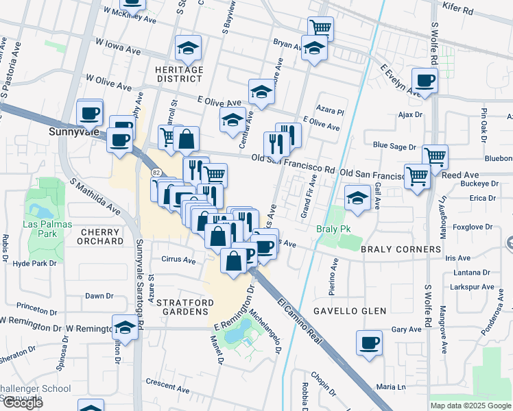 map of restaurants, bars, coffee shops, grocery stores, and more near 655 South Fair Oaks Avenue in Sunnyvale